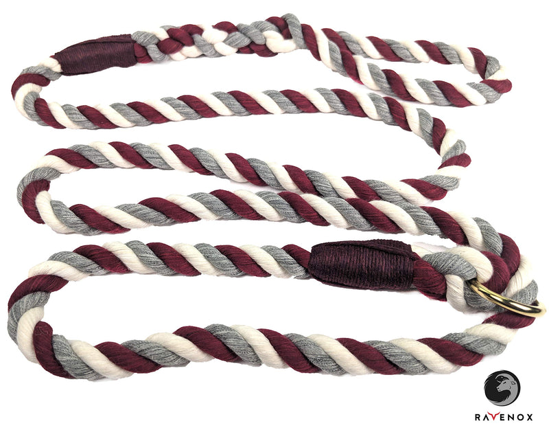 [Australia] - Ravenox Slip Lead Rope Dog Leash | Strong and Comfortable Cotton Rope Dog Leash for Pets | Handmade in The USA with 100% American Made Rope | 6 Feet Long | for Small, Medium & Large Dogs 1/2-inch x 6-feet Burgundy, Silver & White 