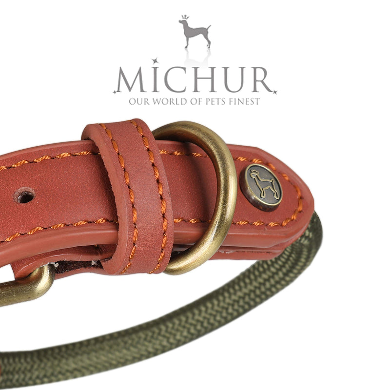 Michur Sherpa Green Hornet, dog collar leather reinforcement and rope, round with polyamide core and braided nylon, collar for dogs in different Neck circumference (approx.): 10.63"-13.78" - PawsPlanet Australia