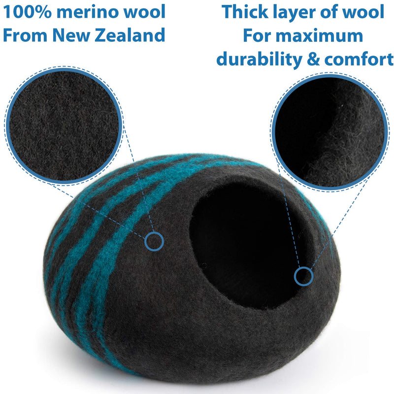 MEOWFIA Premium Felt Cat Bed Cave (Medium) - Handmade 100% Merino Wool Bed for Cats and Kittens Black/Aqua - PawsPlanet Australia