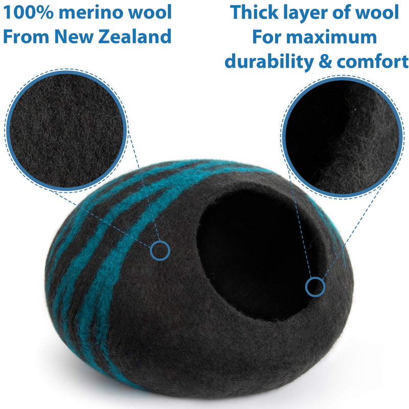 MEOWFIA Premium Cat Bed Cave (Large) - Eco Friendly 100% Merino Wool Beds for Cats and Kittens Asphalt/Aquamarine - PawsPlanet Australia