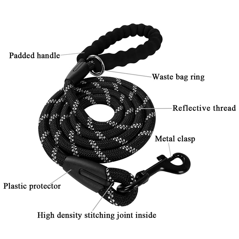 OFHome 5 FT Strong Dog Leash , Heavy Duty Rope Lead for with Comfortable Padded Handle and Highly Reflective Threads for Small Medium Large Dogs (Black) Black - PawsPlanet Australia