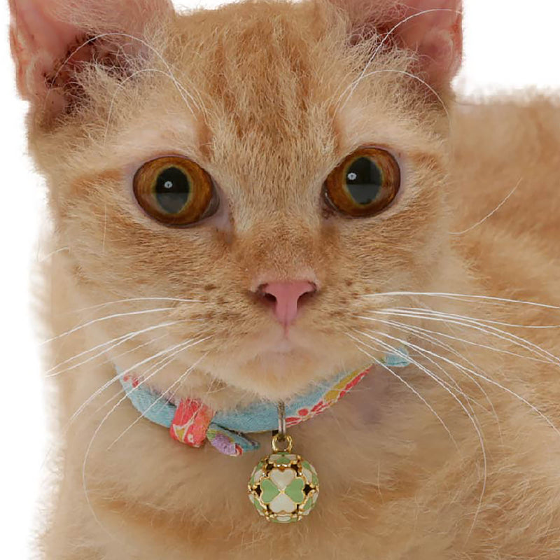 Necoichi Chirimen Cat Collar with Clover Bell, Handcrafted in Japan, 1 Size fits All Baby Blue - PawsPlanet Australia
