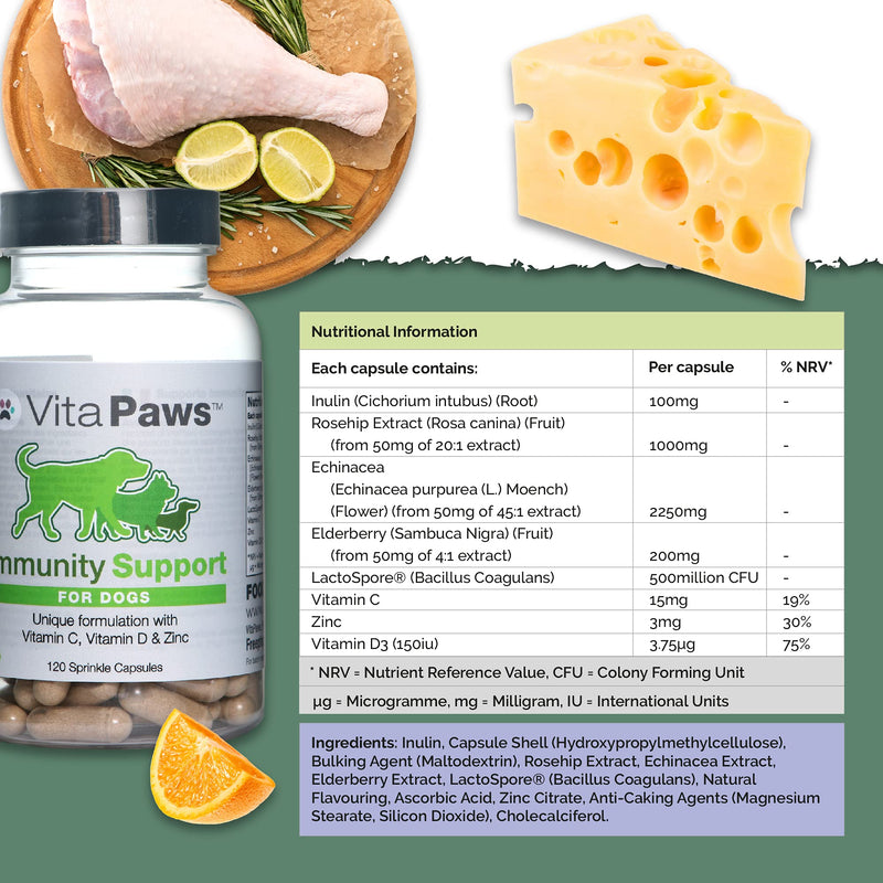 Immune Support Supplement for Dogs | Vitamin C, D & Zinc | Chicken Flavour | 120 Capsules = Up to 4 Month Supply - PawsPlanet Australia