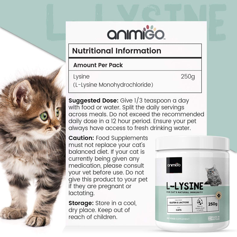 Animigo L-Lysine For Cats - 250g Powder - Mood & Brain Health Supplement With Natural Flavour - PawsPlanet Australia
