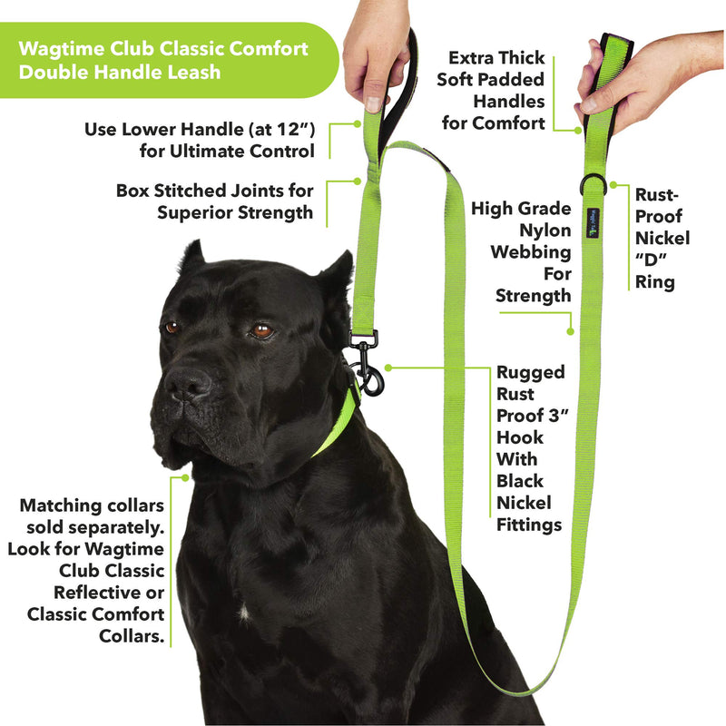 [Australia] - Wagtime Club Soft and Thick 6FT Double Handle Leash for Medium to Large Dogs (Neon Green) 