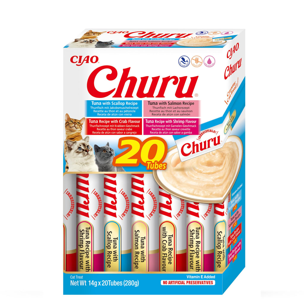 INABA Churu Puree Multipack - 20 tubes in total: 5X tuna with salmon, 5X tuna with shrimp, 5X tuna with scallops and 5X tuna with crab - PawsPlanet Australia