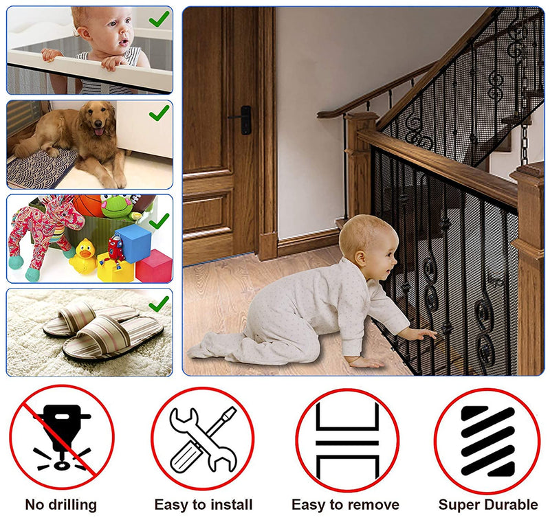 JIFTOK Baby Gate for Stairs, Banister Guard for Kids, Pets, Toys, 10ft L x 2.66 ft H, Mesh Netting Safety Net for Balcony Rail Stair, Stairway Net Baby Safety Products for Indoor & Outdoor (Black) - PawsPlanet Australia