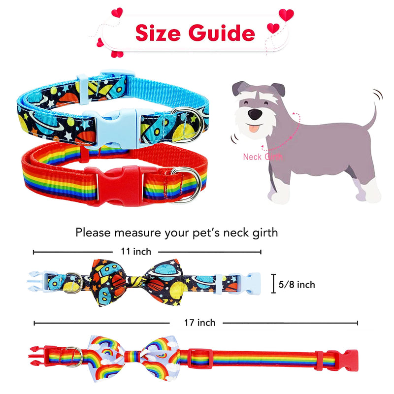 2 Pack Dog Collar with Bow Tie, Spaceship and Rainbow Collar for Small Medium Large Dogs Pets Puppies (Small) Small-(11"-17") Neck * 5/8" Wide - PawsPlanet Australia