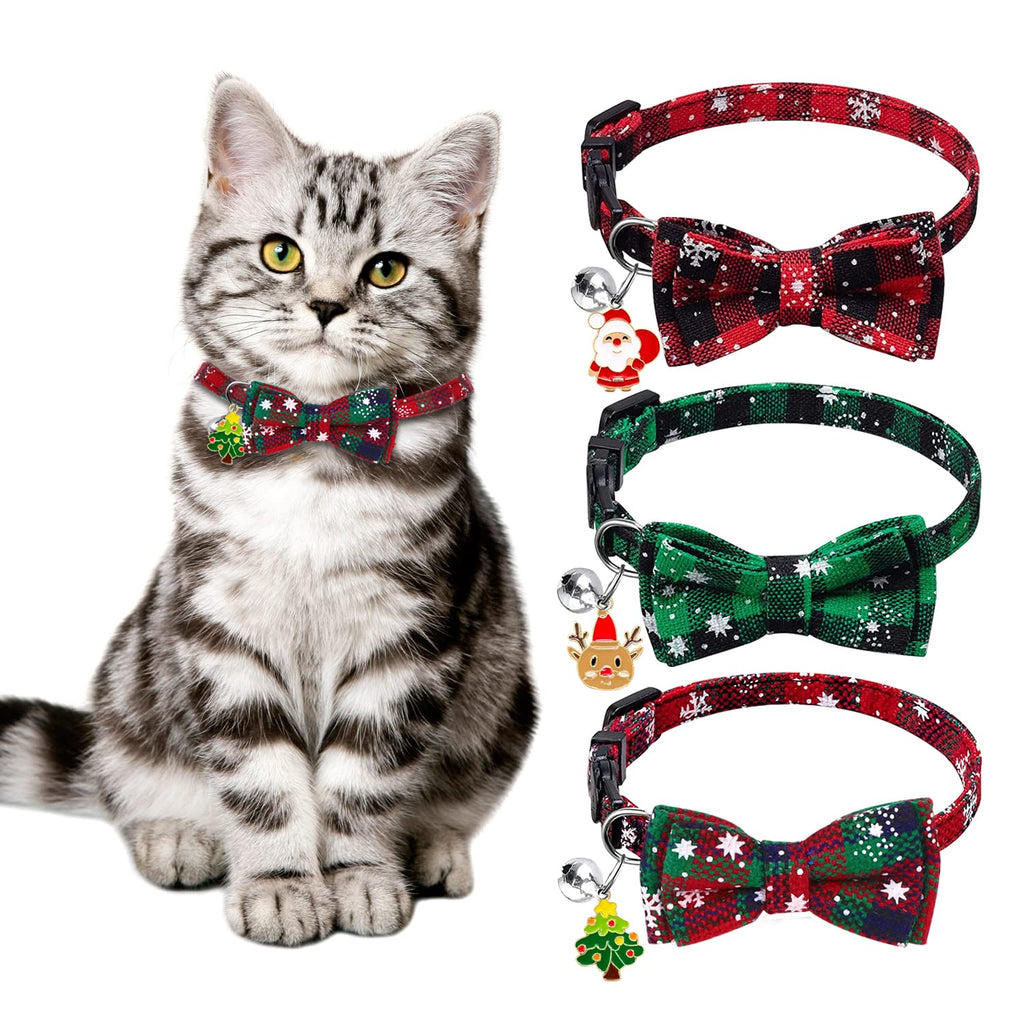 DIYDEC 3 pieces Christmas cat collar, soft adjustable Christmas snowflake plaid bow tie collar with bell safety quick release for Xmas costume of cats and dogs - PawsPlanet Australia