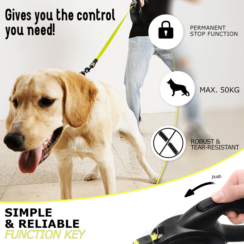 BLUZELLE 8m long dog leash for dogs up to 50kg, flexible retractable leash, neon yellow, bright reflector strap with 360° metal carabiner hook, ergonomic black rubberized handle & retraction brake - PawsPlanet Australia
