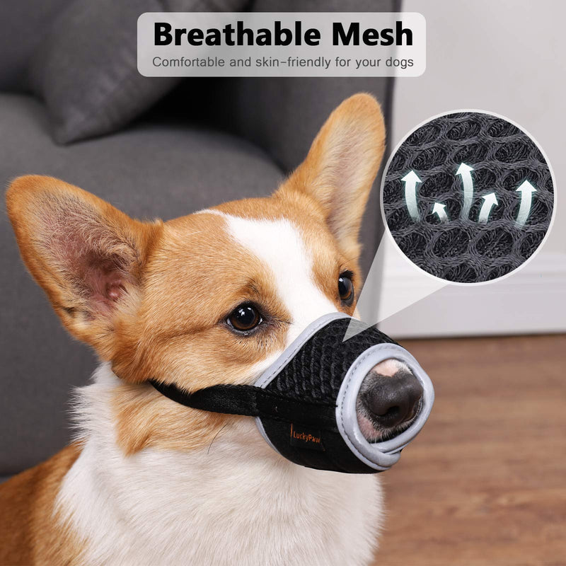 LUCKYPAW Dog Muzzle for Small Medium Large Dog to Prevent Biting Barking and Chewing with Reflective Strip Breathable Mesh and Adjustable Velcro XS Black - PawsPlanet Australia