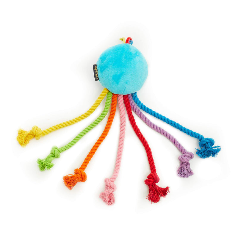 Pet London Rainbow Octopus Puppy Teething Rope Chewing Toy 12" - Soft Plush Puppy with Squeaker Inside - 7 Dangling Multicolour Rope Legs - Great Tug Training Teething Toy With Flossing Action - PawsPlanet Australia