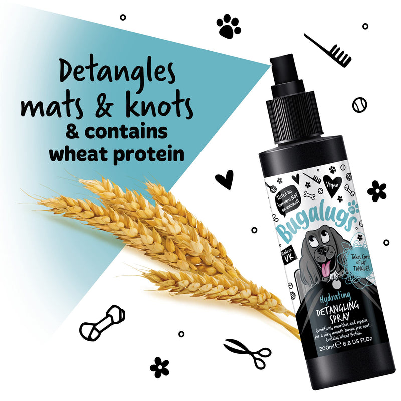 BUGALUGS Dog Detangler Spray - leave In conditioner spray for de matting. No tangles. Professional dog grooming formula contains Wheat protein. Pet detangling spray knot removal (200ml) 200 ml (Pack of 1) - PawsPlanet Australia