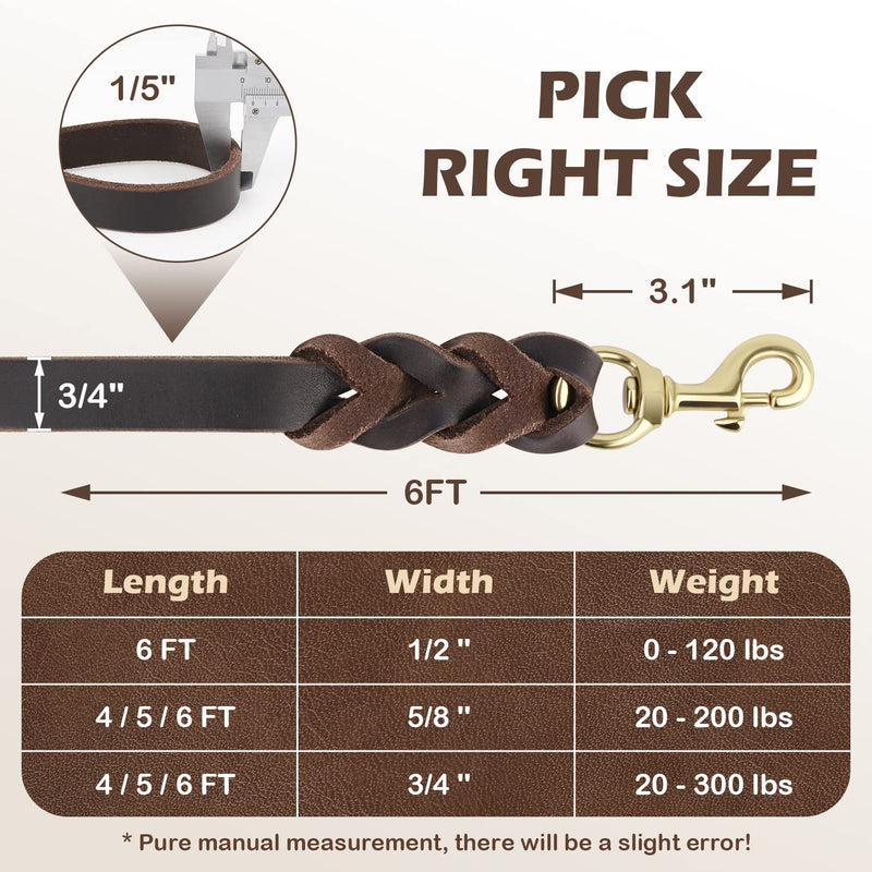 Joytale Braided Leather Dog Leash, 6/5/4FT Strong and Durable Dog Training Leash, Real Cowhide Leather Dog Leashes for Large Medium Small Breed Dogs, Heavy Duty Clasp, Brown, 6ft*3/4in 6ft√ó3/4in - PawsPlanet Australia
