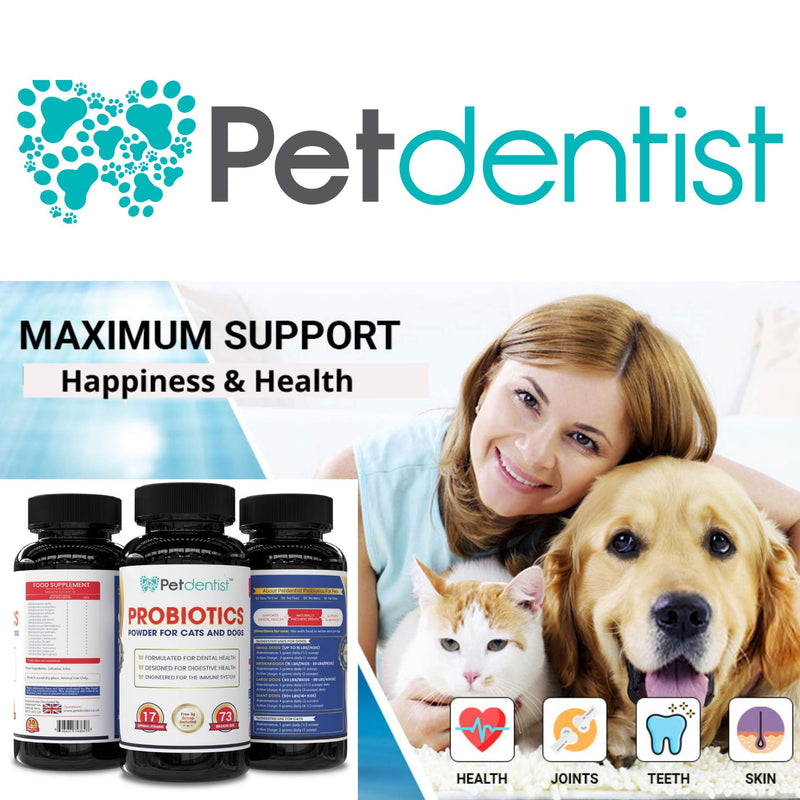 Petdentist Probiotics Powder for Cats and Dogs, 17 Bacterial Strains 73 Billion CFU’s Supplement for Pets Dental Care, Gums, Bad Breath, Dog Digestion, Skin Coat and Immunity Support, Made in UK-90g - PawsPlanet Australia