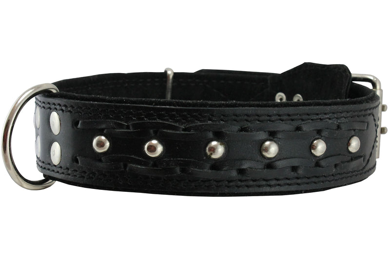 [Australia] - Genuine Leather Braided Studded Dog Collar, Black 1.75" Wide. Fits 22"-27" Neck, XLarge. 