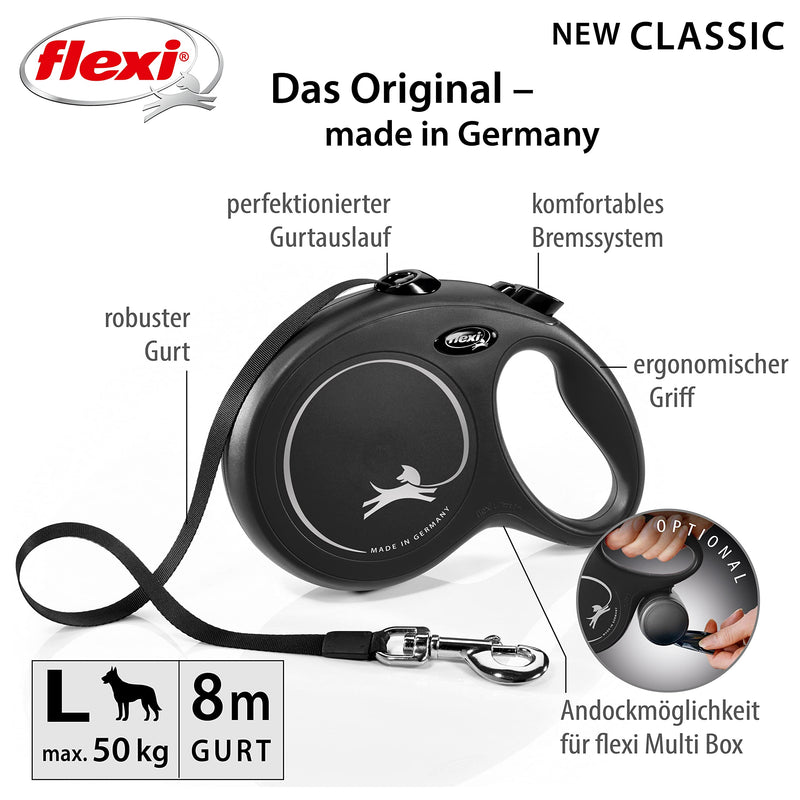 FLEXI - New classic, extendable leash for dogs up to 50 kg - Ultra strong strap - 360° guidance and braking system - L - 8 m - Black L: 8 m - PawsPlanet Australia