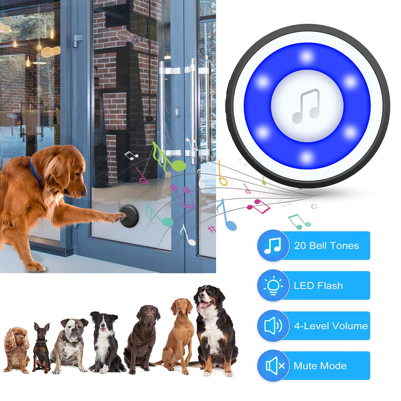 Wireless Dog Doorbell, Dog Bells for Potty Training IP65 Waterproof Touch Button Doggie Doorbell 1000ft Long Range with 20 Melodies 4 Modes LED Flash 1 Receiver+2 Buttons - PawsPlanet Australia