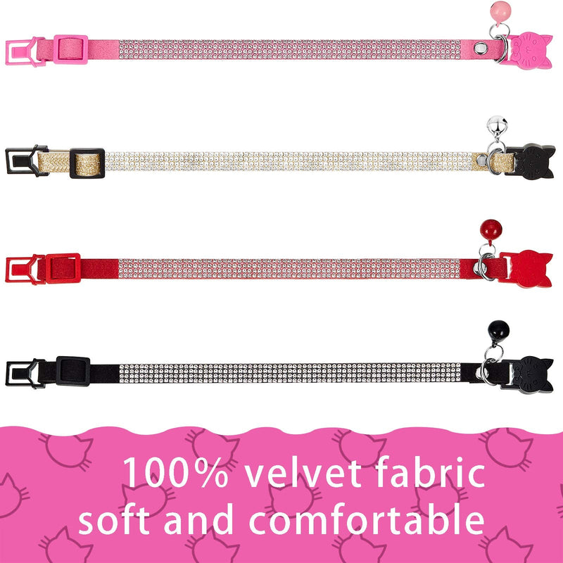 Weewooday 4 Pieces Rhinestones Cat Collars Breakaway Cat Collar with Bell Bling Pet Collars with Soft Velvet, 4 Colors XS Gold, Red, Pink, Black - PawsPlanet Australia