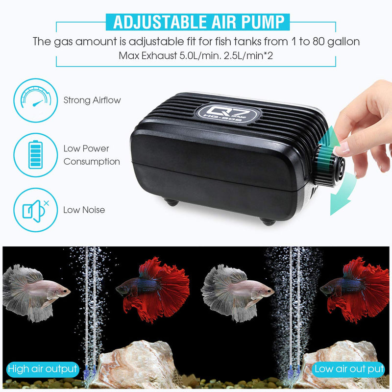 Aquarium Air Pump, Rifny Adjustable Air Pump Kit with Dual Outlet Air Valve, Fish Tank Oxygen Pump with Air Stones Silicone Tube Check Valves for 1-80 Gallon AC Power-2 Outlet-3W - PawsPlanet Australia