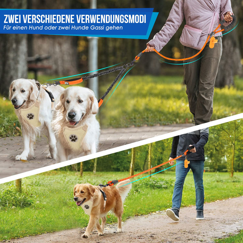 Eyein Double Leash for 2 Dogs, Dog Leash for Large Dogs, Flexible and Reflective Tangle-Free Dog Leash with 2 Padded Handles for Dogs from 11 to 68kg (Orange) Orange Large (Total Weight 11-68kg) - PawsPlanet Australia