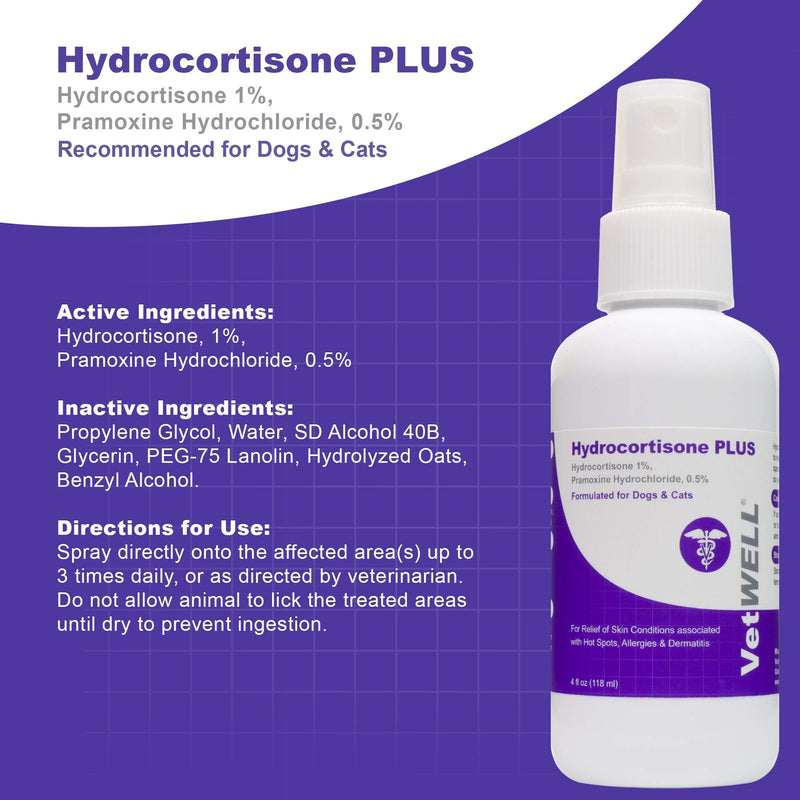 VetWELL Hydrocortisone Spray for Dogs & Cats - Itchy Skin Relief from Hot Spots, Bites, Scrapes, Irritated Skin, & Dermatitis - 4 oz Anti Itch Spray with Pramoxine - PawsPlanet Australia