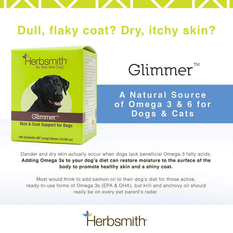 Herbsmith Glimmer - Dog Healthy Skin and Coat + Dog Treatment for Dry Itchy Skin - Omega-3 Supplement for Dogs 60ct Large Chews (For Dogs Over 30lbs) - PawsPlanet Australia