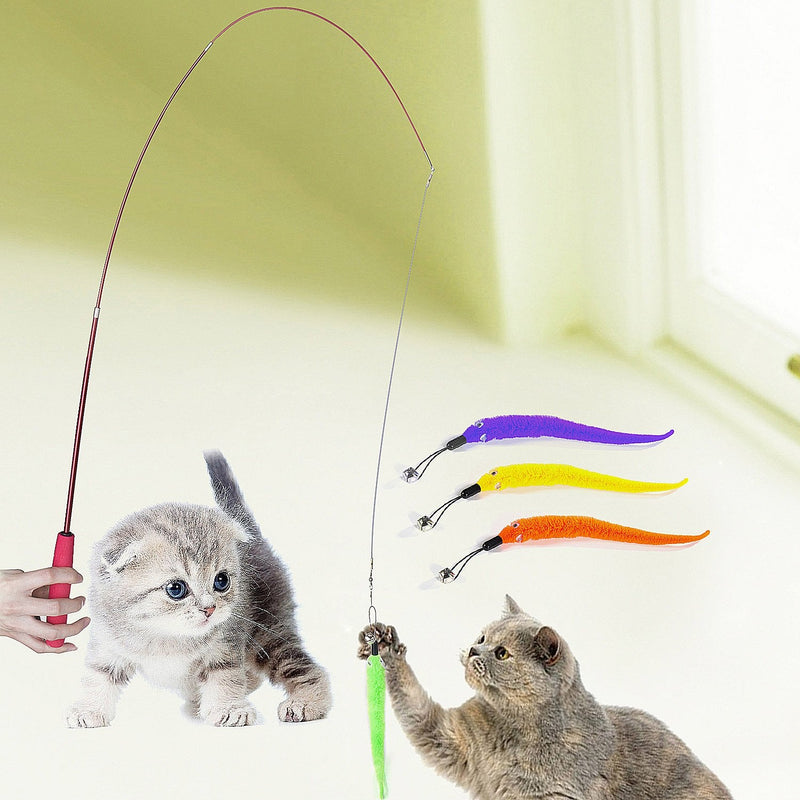 Diealles Interactive Cat Toy, Retractable Natural Feather Rod Cat Toy with 5 Cat Fishing Rod Replacement Worm Cat Toy - PawsPlanet Australia