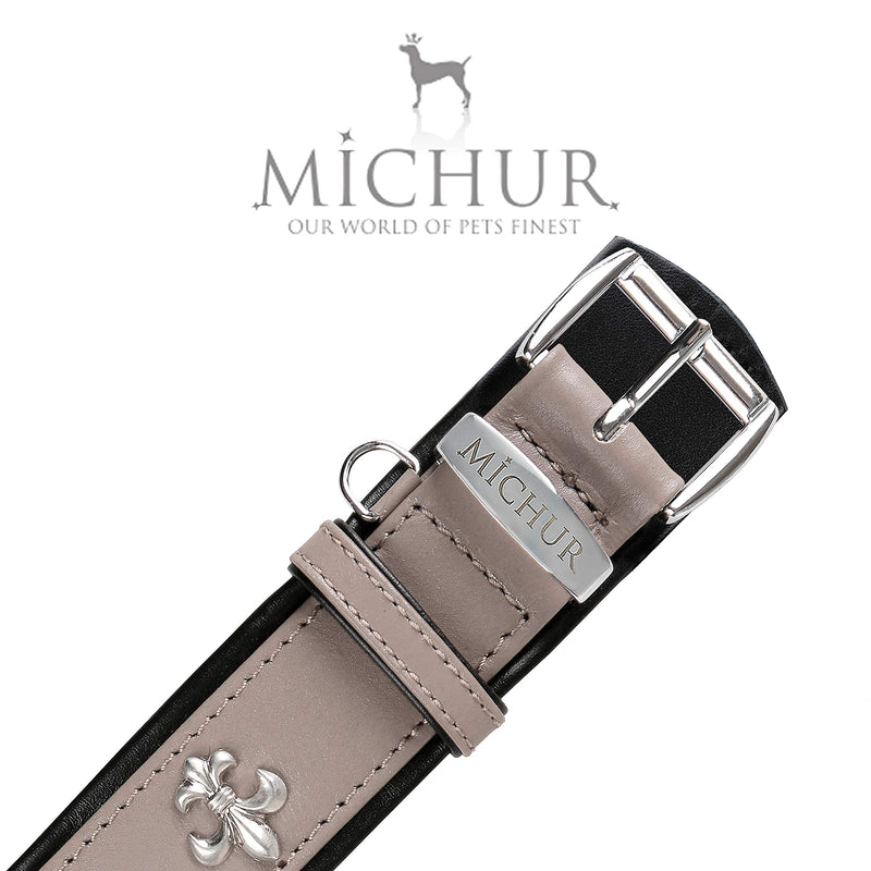 MICHUR Rodrigo dog collar leather, dog leather collar, collar, taupe, gray-black, LEATHER, with lilies, rhinestones and gray marbled stones Neck circumference 20,47-22,83" - PawsPlanet Australia