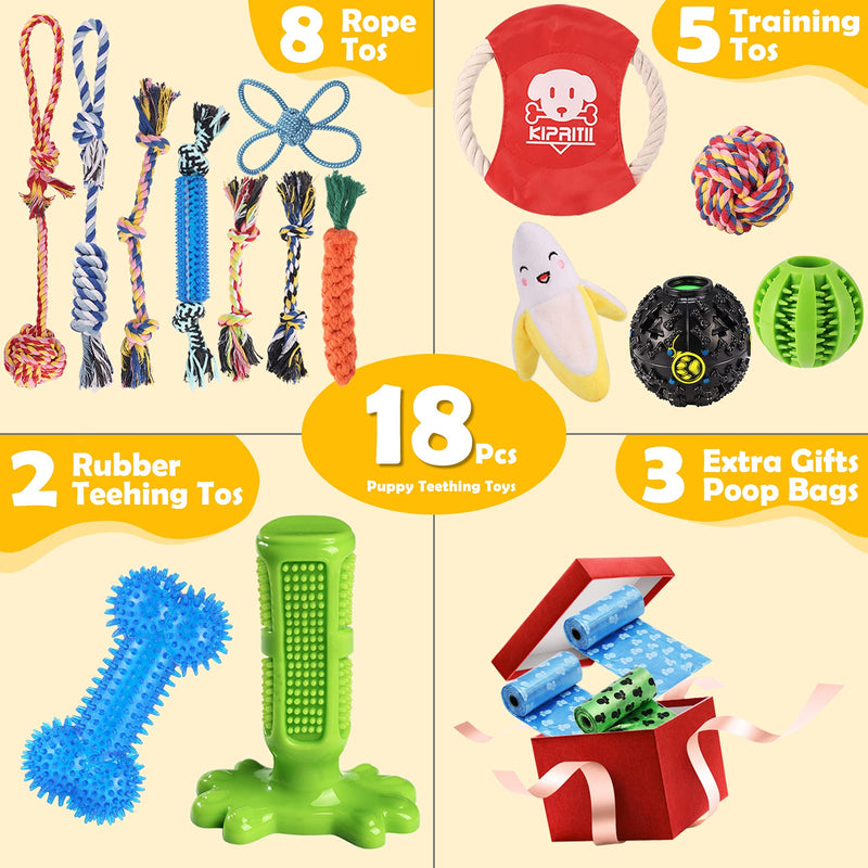 KIPRITII Dog Chew Toys for Puppy - 18 Pack Puppies Teething Chew Toys for Boredom, Pet Dog Toothbrush Chew Toys with Rope Toys, IQ Ball and More Squeaky Toy for Puppy and Small Dogs - PawsPlanet Australia