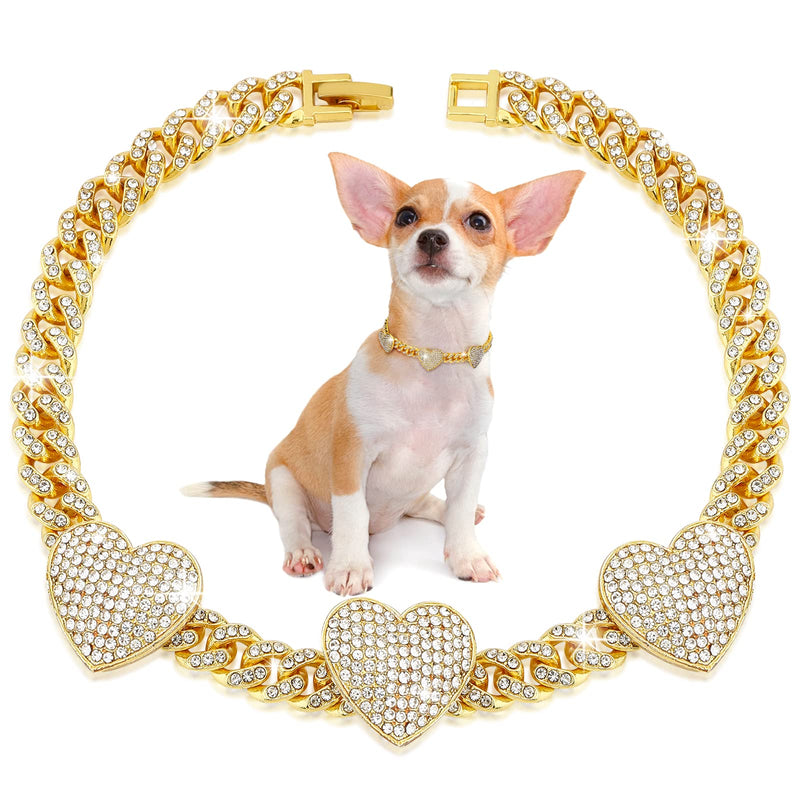 Glitter Dog Chain Collar Gold Diamond Dog Collars Cuban Dog Chains Necklace Puppy Pet Metal Link Chain with Heart Charm Pet Jewelry Accessories Chain with Buckle for Small Medium Dogs Cats 10 inch - PawsPlanet Australia