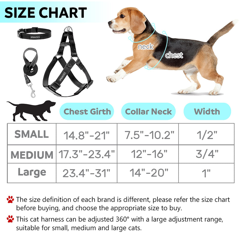 IPRAVOCI Dog Harness and Leash Set with Collar, Reflective Adjustable Nylon Step-in Harness for Small Medium Large Dogs, No Pull Walking Running Training Outdoor Halter Doggy Harness S (chest: 14.8"-21" neck: 7.5"-10.2" width: 1/2") Black - PawsPlanet Australia