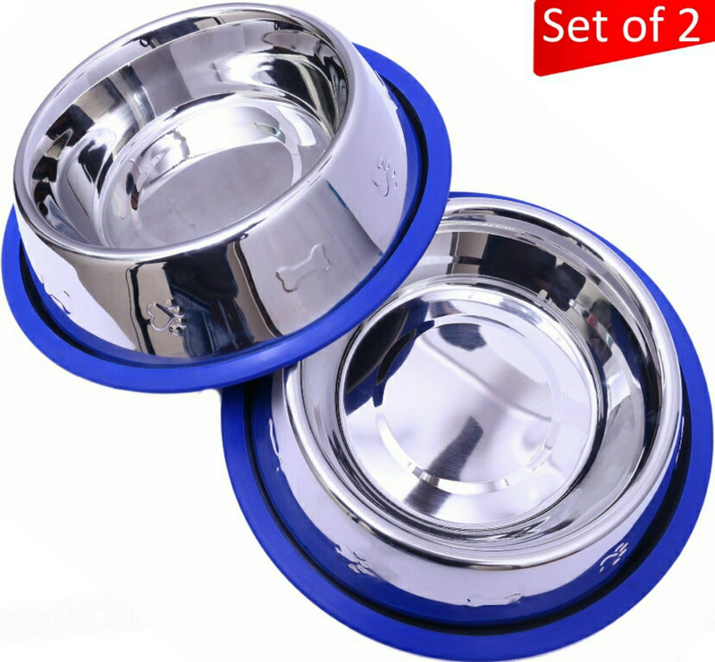 [Australia] - Mr. Peanut's Set of 2 Etched Stainless Steel Dog Bowls - Easy to Clean - Bacteria & Rust Resistant - Non-Skid No-Tip Silicone Ring - Feeding Bowls for Dogs 2 Pak / 32oz Each Bowl 