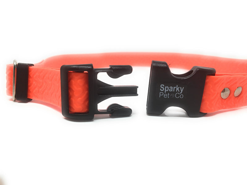 [Australia] - Sparky PetCo Compatible 1" Solid Waterproof Biothane Bone Embossed PetSafe Bark in- Underground Systems No Hole Strap Wraps Around The Receiver NEON ORANGE 