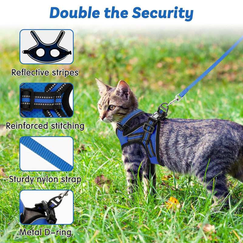 AOKCATS Cat Harness and Leash, Soft Kitten Harness for Walking, Adjustable Cat Leash and Harness Set Escape Proof with Reflective Strip & Hook and Loop Cat Vest Harness and Leash for Cats Small (Pack of 1) Blue - PawsPlanet Australia