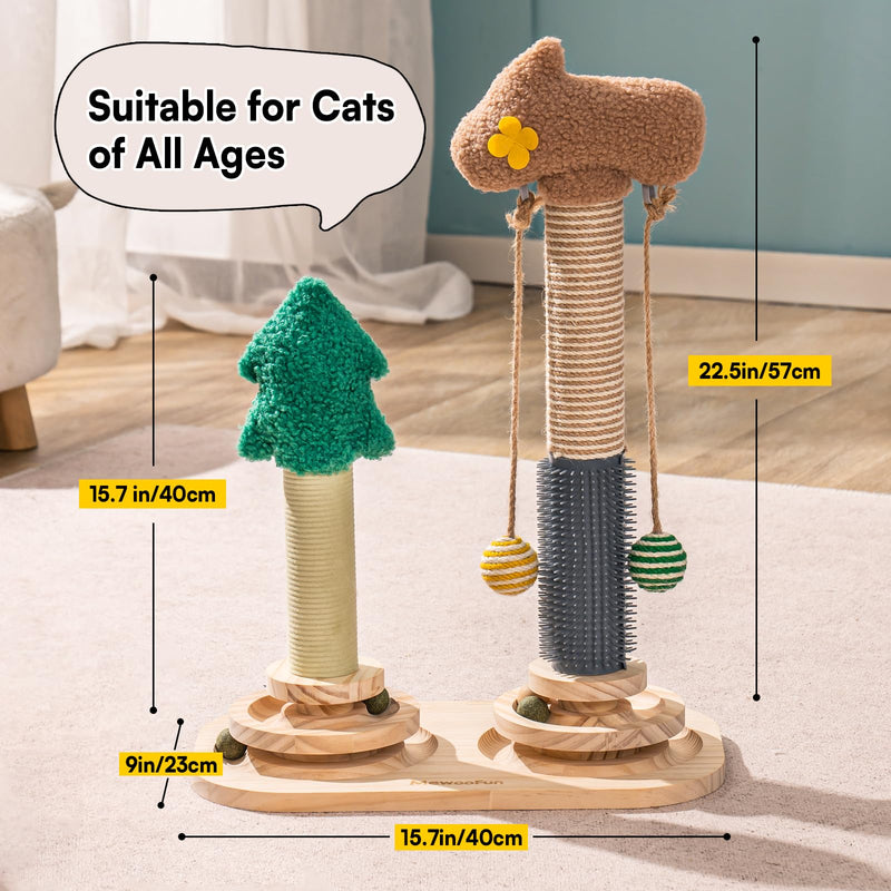 MEWOOFUN 3-in-1 Cat Toy Kitten Toy Made of Wood - Double Scratching Post Interactive Cat Toy Roller 2-Layer Turntable Kitten Toy with Hanging Ball Toy Cat 40 x 57 cm - PawsPlanet Australia