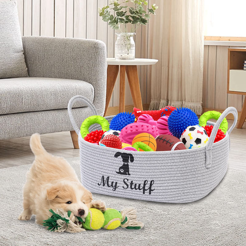 Brabtod Cotton pet toy storage basket with handle, toy dog storage, pet toy box- Perfect for organizing small dog puppy toys, blankets, dog chew toy, leashes and stuff - Dog - Gray Dog Gray - PawsPlanet Australia
