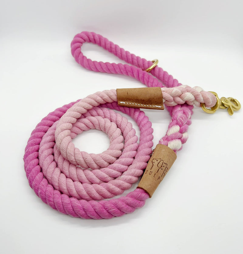 BULPET Eco Friendly Organic Cotton Durable Dog Ombre Pink Rope Leash with Brown Leather and Gold Brass Hardware/ 5 Ft/ All Dogs - PawsPlanet Australia