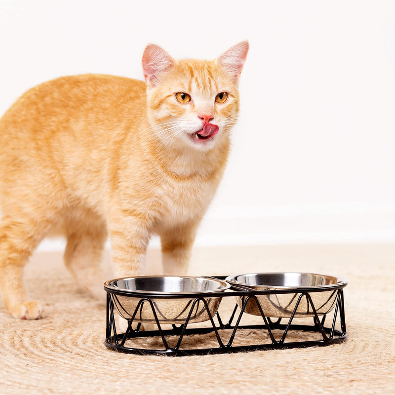 Navaris Steel Pet Bowl Set - Double Food Water Bowls for Cats, Small Dogs and Puppies with Metal Stand - Set of 2 Bowls - PawsPlanet Australia