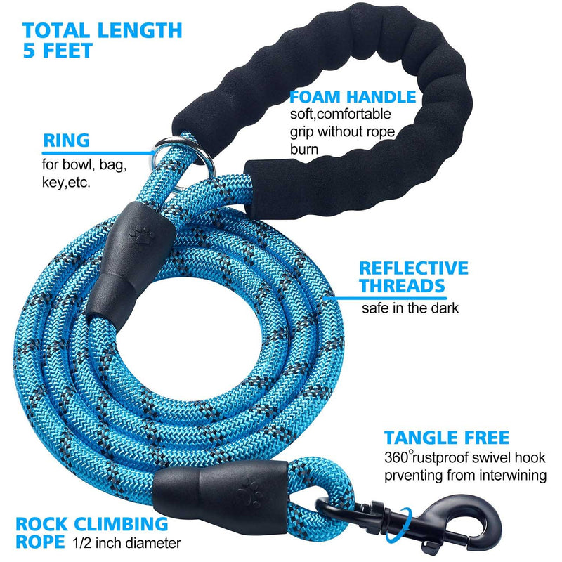 [Australia] - ladoogo 2 Pack 5 FT Heavy Duty Dog Leash with Comfortable Padded Handle Reflective Dog leashes for Medium Large Dogs 0.5in. x 5ft.(for dogs weight 18-120lbs.) 2pack black and blue 