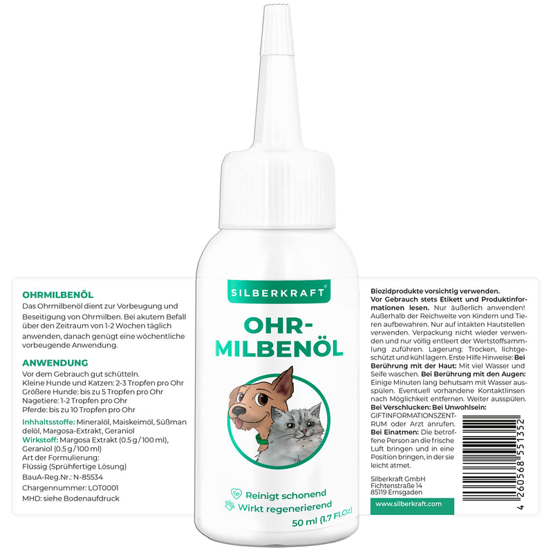 Silberkraft ear mite oil 50 ml for dogs, cats and other pets, effective care product against ear mites, ear mange, itching, yeast fungus and ear inflammation, gentle and gentle cleaning - PawsPlanet Australia