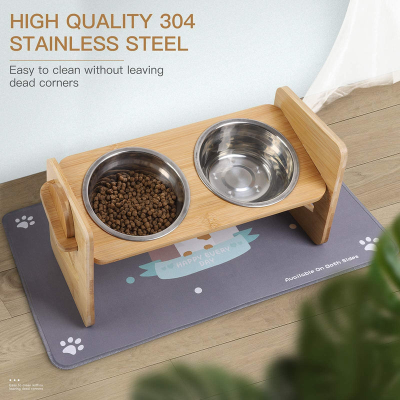 Bosixty Raised Pet Bowls for Small Dogs and Cats, Adjustable Height Bamboo Elevated Puppy and Cat Stand Feeder with 2 Stainless Steel Bowls and Highly Absorbent Non-slip Food Mat - PawsPlanet Australia