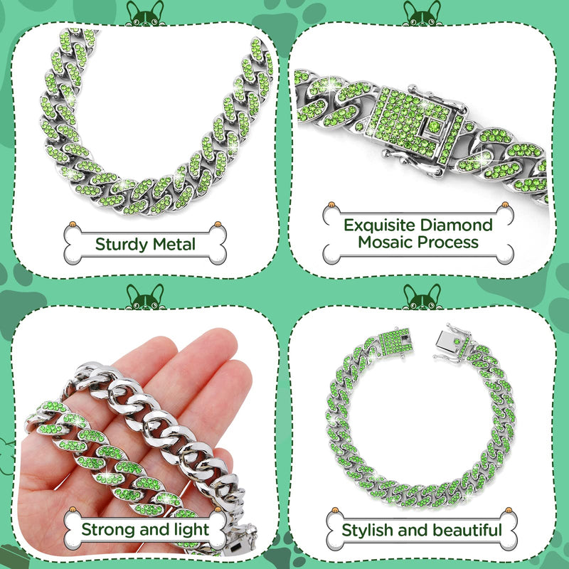 Glitter Dog Chain Collar Green Silver Diamond Dog Collars Cuban Dog Chains Necklace Puppy Pet Metal Link Chain with Design Secure Buckle Pet Jewelry Accessories Chain for Small Medium Dogs Cats 10inch - PawsPlanet Australia