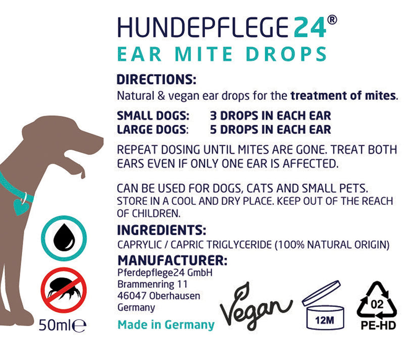 HUNDEPFLEGE24: Ear oil for the treatment of mites in dogs, cats and other pets – 50 ml. 100% natural & vegan ear care against itching, fungi & acariasis. Highly effective natural product against mites 50 ml (Pack of 1) - PawsPlanet Australia