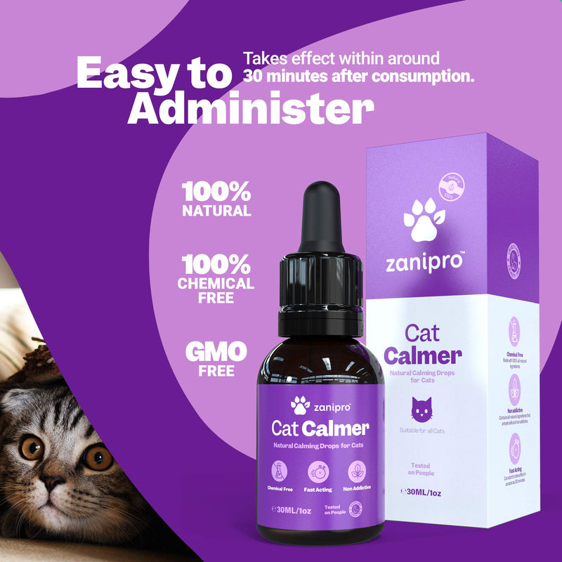 Zanipro Cat Calming Drops 30ml - 100% Natural UK Made - Calming Supplement Helps Relieve Behavioural Issues At Home & On The Move - Nervous System Safe - Aids Cats - PawsPlanet Australia