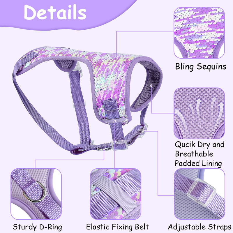 Dog Harness with Leash Set Puppy Harnesses for Medium Dogs No Pull Adjustable Reflective Sequin Pet Vest Purple Soft Breathable Doggy Outing Accessories (Purple (Leash), X-Small (Chest: 9-13")) X-Small (Chest: 9-13") Purple (Leash) - PawsPlanet Australia