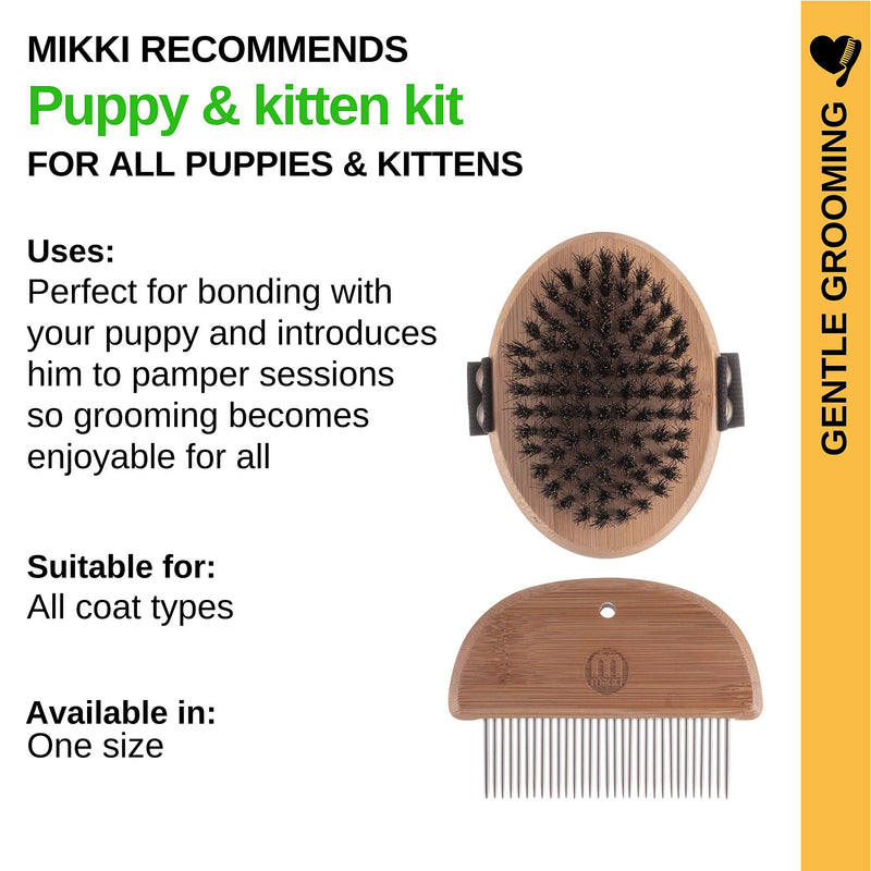 Mikki Bamboo Puppy & Kitten Gentle Grooming Kit, Including Bristle Palm Brush and Comb for Use with Dog, Cat, Puppy, Handmade from Natural Sustainable Bamboo brown - PawsPlanet Australia