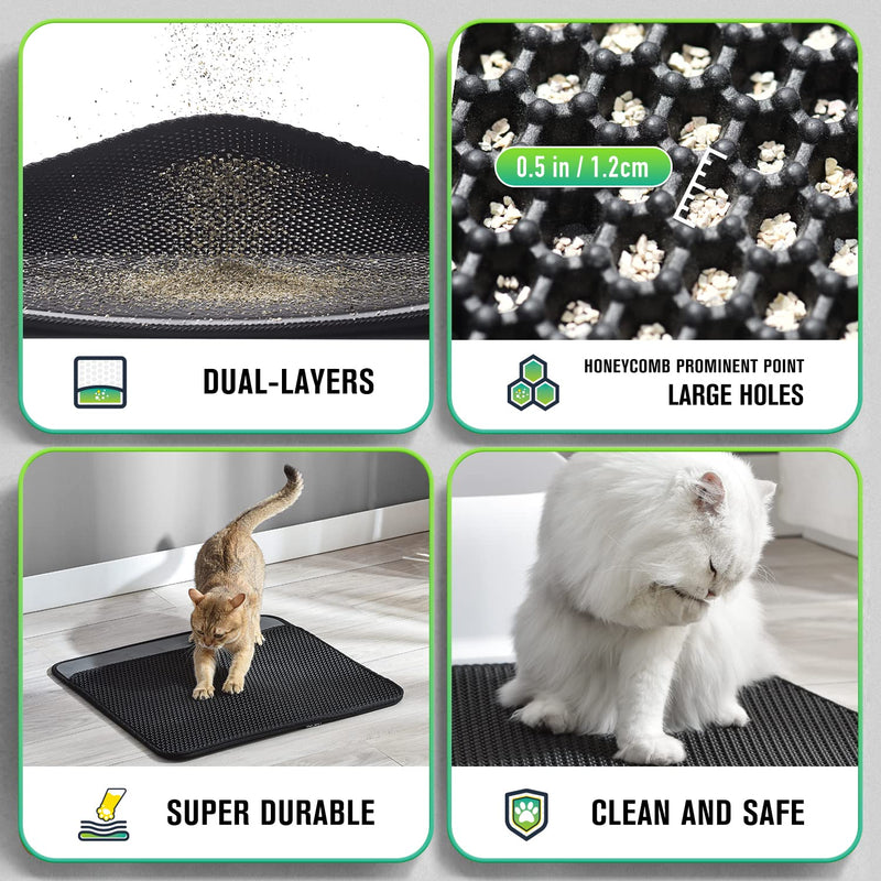 Hompet Durable Cat Litter Box Mat for Floor, Extended Blank Holder, Honeycomb Double Layer Sifting Design, Easy Clean Large Size Kitty Litter Trapping Mats, Waterproof/Urine Litter Catcher Pads 26x23 inch Black - PawsPlanet Australia