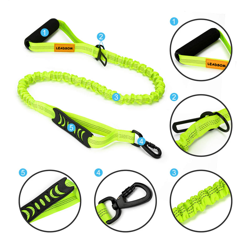 LEADSOM 6FT Highly Reflective Heavy Duty Elastic Bungee Medium and Large Dog Leash Shock Absorbing with Comfortable Padded Handle and Traffic Handle Suitable for Training Green - PawsPlanet Australia