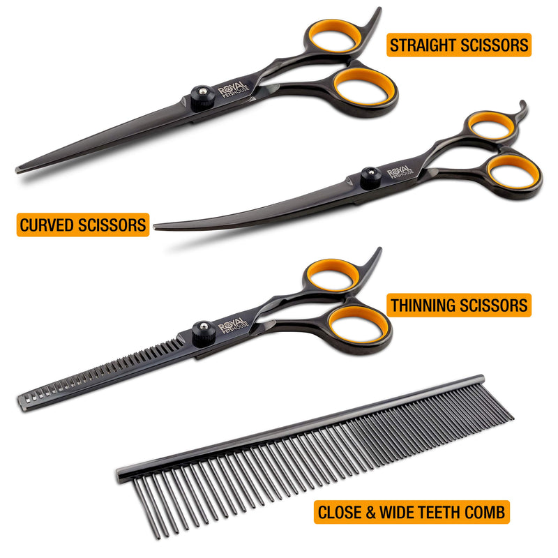 Royal Pets House Professional Pet Grooming Scissors Set 7-inch 4pc for Dogs and Cats with Rounded Tips for Safety with Leather case, made of Stainless Steel - PawsPlanet Australia